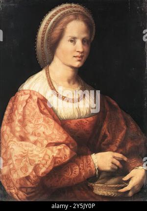 Pontormo, Jacopo (1494, Pontormo, d. 1557, Firenze) Dame avec un panier de broches c. 1516 huile sur bois, 76 x 54 cm Galleria degli Uffizi, Florence L'attribution de cette peinture est débattue, récemment il a été attribué à Andrea del Sarto. Certaines caractéristiques du visage de la dame révèlent des caractéristiques incontestables Pontormesque. L'expression légèrement froncée, le reflet d'un certain malaise intérieur rappelle ceux des saints représentés dans le retable de Pucci. Velata de Raphaël a été proposé comme modèle figuratif pour la peinture. --- mots-clés : ------------- Auteur : P Banque D'Images