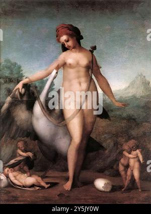 Pontormo, Jacopo (né en 1494, Pontormo, d. en 1557, Florence) Leda et le cygne 1512-13 huile sur bois, 55 x 40 cm Galleria degli Uffizi, Florence le travail était déjà dans la Tribune des Uffizi en 1589, bien que sans une attribution précise, qui oscillait entre Andrea del Sarto, Pontormo et Perin del Vaga. Même aujourd'hui, l'attribution est controversée ; cependant, traditionnellement, l'œuvre continue d'être considérée comme une œuvre de jeunesse de Pontormo, toujours influencée par le style de Léonard. --- mots-clés : ------------- Auteur : Pontormo, Jacopo titre : Leda and the Swan Time-line : 1501-1550 École : Ital Banque D'Images