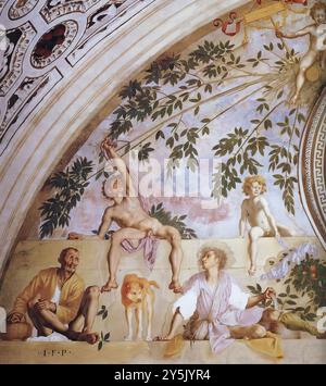 Pontormo, Jacopo (né en 1494, Pontormo, décédé en 1557, Firenze) Vertumnus et Pomona (détail) 1519-21 Fresco Villa Medici, Poggio a Caiano (Florence) le détail montre le côté gauche de la lunette avec Vertumnus dans le coin inférieur gauche. À sa droite se trouve un chien maigre avec une expression grincheuse, presque prêt à aboyer, sans aucun doute l'un des détails les plus inhabituels et bizarres de la fresque. --- mots-clés : ------------- Auteur : Pontormo, Jacopo titre : Vertumnus et Pomona (détail) chronologie : 1501-1550 École : italienne forme : peinture type : mythologique Banque D'Images