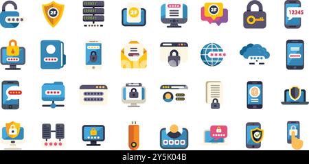 Ensemble d'icônes colorées représentant différents aspects de la cybersécurité, de la protection des données et de la gestion des mots de passe Illustration de Vecteur