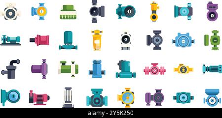 Cet ensemble d'icônes de pompe à eau montre différents types de pompes pour la plomberie, y compris les pompes centrifuges, submersibles et à membrane Illustration de Vecteur