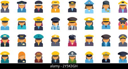 Cet ensemble d'illustrations vectorielles présente un groupe diversifié d'avatars de personnage de chauffeur de taxi féminin, soulignant la présence croissante des femmes dans le secteur des transports Illustration de Vecteur