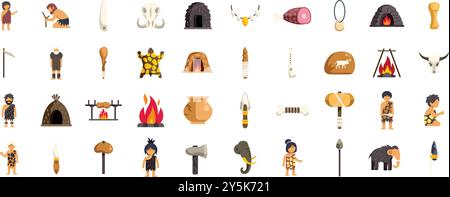 Collection d'outils préhistoriques de gens de grotte et d'objets de style de vie Illustration de Vecteur