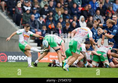 22 septembre 2024 ; Salford Community Stadium, Salford, Lancashire, Angleterre; Gallagher Premiership Rugby, Sale Sharks versus Harlequins ; Danny Care of Harlequins donne un coup de pied clair Banque D'Images