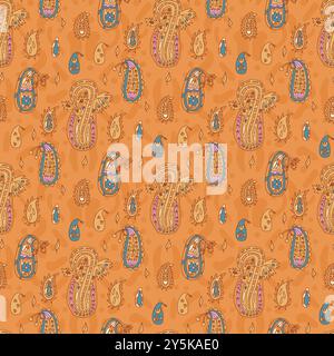 Motif Paisley sans couture. Ornement continu de couleurs chaudes. Motif d'automne de conception de motif de surface. Illustration vectorielle dessinée à la main. Illustration de Vecteur