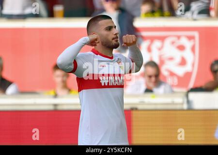 Stuttgart, Allemagne. 22 septembre 2024. Goaljubel Deniz UNDAV (VFB Stuttgart) après le but de faire 1-0, la jubilation, la joie, l'enthousiasme, l'action. Football 1. Bundesliga saison 2024/2025, 4.Matchday, matchday04 VfB Stuttgart - Borussia Dortmund le 22 septembre 2024, MHP ARENA. ? Crédit : dpa/Alamy Live News Banque D'Images