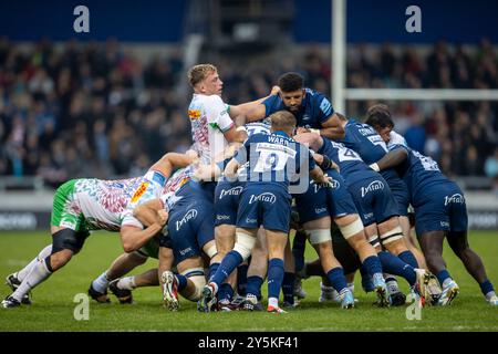 22 septembre 2024 ; Salford Community Stadium, Salford, Lancashire, Angleterre; Gallagher Premiership Rugby, Sale Sharks contre Harlequins ; la bataille des deux packs Banque D'Images