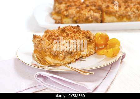 Mirabelle prune crumble gâteau sur un fond blanc Banque D'Images