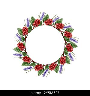 Couronne, cadre rond de branches de café et baies de café rouge liées avec des fleurs de lavande violettes illustration d'aquarelle sur fond blanc Banque D'Images