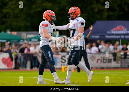 Weingarten, Deutschland. 22 septembre 2024. Touchdown Michael Mayer (3, WR, IFM Razorbacks Ravensburg) GER, IFM Ravensburg Razorbacks vs New Yorker Lions Braunschweig, Football américain, GFL, saison 2024, Playoffs, Viertelfinale, 22.09.2024, Eibner-Pressefoto/Florian Wolf crédit : dpa/Alamy Live News Banque D'Images