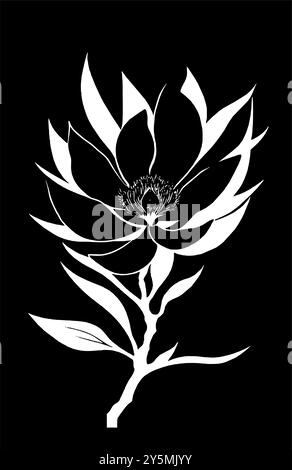 Dessin graphique blanc simple de fleur de magnoli sur fond noir, logo Banque D'Images