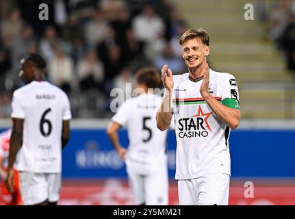 Leuven, Belgique. 22 septembre 2024. Mathieu Maertens de l'OHL réagit lors d'un match de soccer entre OH Leuven et KV Kortrijk, dimanche 22 septembre 2024 à Leuven, le jour 8 de la saison 2024-2025 de la première division du championnat belge 'Jupiler Pro League'. BELGA PHOTO JOHN THYS crédit : Belga News Agency/Alamy Live News Banque D'Images