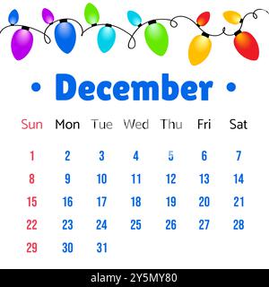 Calendrier de décembre 2024. Décembre 2024 illustration vectorielle de calendrier avec des lumières de Noël colorées. Modèle de vecteur de calendrier, conception minimale simple. Étal Illustration de Vecteur