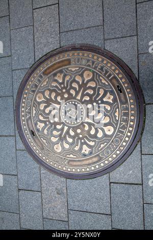 Budapesti Elektromos Művek électricité services publics couverture de trou d'homme sur le trottoir à Budapest Hongrie Banque D'Images