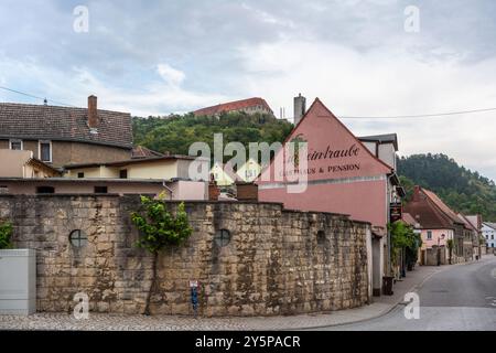 Mur et maisons anciennes le long de la Muehlstrasse (Mühlstraße) avec le château de Neuenburg en arrière-plan à Freyburg Altstadt, Saxe-Anhalt, Allemagne, Europe Banque D'Images