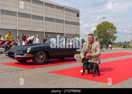 Rome, Italie, 22 septembre 2024. Motori capitale est un prestigieux salon dédié à l'automobile historique qui rappelle l'intérêt et la passion pour les véhicules motorisés historiques ou anciens, y compris les voitures, les motos, les camions, les bus et autres formes de transport datant d'années révolues. Participants au concours « Motori a 4 zampe » (moteurs à 4 pattes), un concours de beauté et d’élégance pour les voitures et les chiens. Événement au complexe Nuova Fiera di Roma à Rome, Italie. Crédit : Brad Sterling/Alamy Live News Banque D'Images