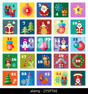 Calendrier de l'Avent. Chiens de bande dessinée mignons de différentes races et décorations de Noël. Illustration vectorielle festive - chien en vacances d'hiver dans un style plat. Illustration de Vecteur