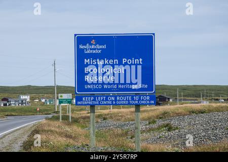 Panneau de la réserve écologique de Mistake point sur NL 10 à Portugal Cove South, Terre-Neuve-et-Labrador, Canada Banque D'Images