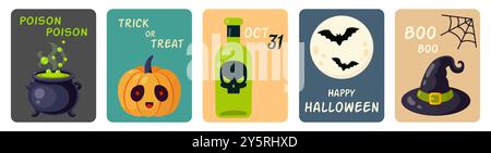 Éléments mignons d'Halloween. Jeu de cartes postales. Ensemble d'affiches. Illustration vectorielle dans un style plat. Illustration de Vecteur