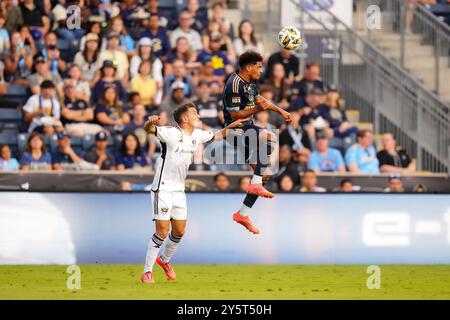 22 septembre 2024 : Nathan Harriel (26 ans), défenseur de l'Union de Philadelphie, est en tête du ballon lors de la première moitié d'un match en MLS contre D. C. United au Subaru Park à Chester, en Pennsylvanie. Kyle Rodden/CSM Banque D'Images