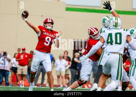 Bloomington, États-Unis. 21 septembre 2024. Le quarterback Kurtis Rourke (9 ans) de l'Indiana Hoosiers affronte Charlotte lors d'un match de football de la NCAA au Memorial Stadium de Bloomington. Le score final est Indiana 52 et Charlotte 14. (Photo de Jeremy Hogan/SOPA images/Sipa USA) crédit : Sipa USA/Alamy Live News Banque D'Images