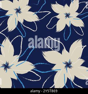 Sans couture dessin à la main textile floral avec un motif floral avec de grandes fleurs blanches stylisées sur un fond bleu marine profond. Illustration de Vecteur