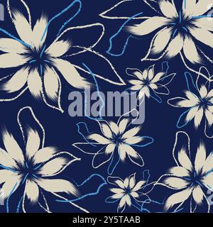 Un motif floral textile tropical bicolore fleur et feuilles des vêtements textiles géométriques animaux miniprint. Imprimé de fleurs simple avec plante sauvage dessinée à la main Illustration de Vecteur