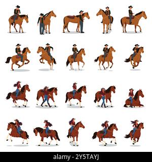 Une illustration vectorielle de Cowboys Cowgirl pose avec des icônes de cheval Illustration de Vecteur