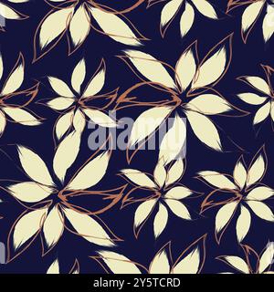 Un motif floral représentant des fleurs stylisées de couleur crème avec des contours bruns et audacieux sur un fond bleu marine foncé. La conception comprend des fleurs en var Illustration de Vecteur