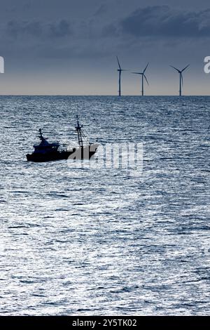 Un bateau de pêche navigue à travers l'océan, silhouette sur fond d'éoliennes au loin. La scène capture l'eau calme comme crépuscule se Banque D'Images