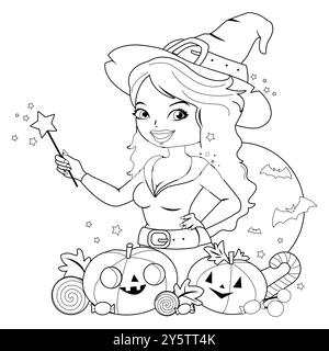 Sorcière d'Halloween, citrouilles et friandises. Trick ou traiter la sorcière de dessin animé avec des bonbons et des citrouilles sculptées jack o lanterne. Coloriage noir et blanc. Banque D'Images