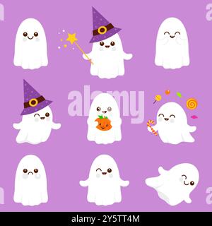 Ensemble de fantômes effrayants d'Halloween mignon. Drôle de dessin animé trick ou traiter les personnages effrayants mignons avec un ensemble de bonbons. Banque D'Images