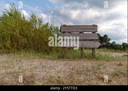 Un panneau de signalisation se dresse au milieu de hautes herbes et de sable, guidant les visiteurs dans la nature. Maquette Banque D'Images