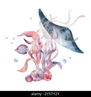 Vie sous-marine avec des plantes marines et des poissons raies à l'aquarelle. Ocean nature illustration monochrome peinte en dégradé de rose à bleu. Coloré Banque D'Images