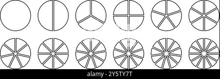 Jeu d'icônes infographiques de division de cercle. Graphique circulaire divisé 8,9,10 parties égales. Diagramme rond de pizza ou de beignet. Segment de roue infographique. Fraction de contour Illustration de Vecteur