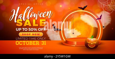 Illustration de bannière de vente d'Halloween avec citrouille, podium et néon lumineux sur fond orange. Modèle de conception de vacances vectorielles avec typographie Illustration de Vecteur