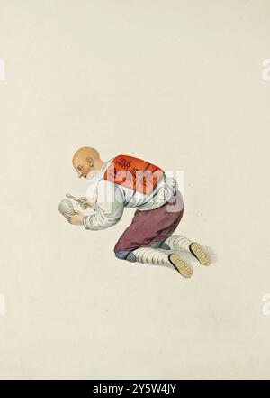 Costume chinois traditionnel de la période Qing. Illustration vintage d'un bonzé chinois mendiant aumônes. Cela représente un prêtre attaché au culte de Fo, une divinité, qui a plus de disciples que tout autre en Chine. De lui est censé avoir jaili la doctrine très ancienne de la transmigration des âmes. Cette secte paye ses adorations à un nombre infini d'animaux, en supposant que l'âme de leur divinité aurait pu, dans ses nombreuses métamorphoses, animer de tels corps. Ils croient aussi, que par la simple prononciation du nom de leur divinité préférée, ils seront exonérés Banque D'Images