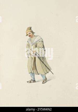 Costume chinois traditionnel de la période Qing. Illustration vintage d'un voyageur chinois. 1800 il est conçu pour représenter une personne pauvre, peut-être un pèlerin, voyageant à pied, et opprimée par un chagrin excessif ou une lassitude excessive. Sa robe indique qu'il est en deuil. Il porte un bâton, une espèce de ronce qui pousse dans certaines parties de la Chine, et est fréquemment utilisé comme bâton de marche. L'idée peut être laissée à désirer, que c'est une personne qui procède ou revient de visiter la tombe d'un parent défunt ; c'est une règle avec les Chinois d'étendre leurs sentiments et dut Banque D'Images