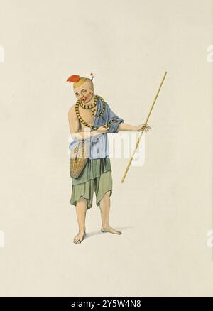 Costume chinois traditionnel de la période Qing. Illustration vintage d'un mendiant chinois avec un serpent. 1800 ce misérable mendiant porte un serpent vivant enroulé autour de son cou, dont la plus grande partie, pour une très petite récompense, se cramponne la tête en avant dans sa bouche, permettant à toute personne présente de le tirer par la queue. L’éditeur de cet ouvrage affirme, de sa connaissance personnelle, que ce mode de mendicité, aussi extraordinaire soit-il, se pratique sans la moindre astuce ou tromperie. Banque D'Images