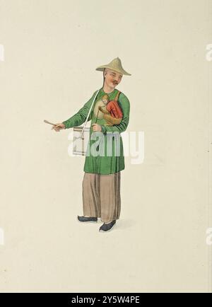 Costume chinois traditionnel de la période Qing. Illustration vintage d'un mendiant chinois avec un singe. 1800 ce mendiant porte avec lui un singe boiteux, qui par ses singes (accompagné du son d'un gong, que l'homme frappe occasionnellement, et qui est vu dépendant de son cou) induit beaucoup à accorder une aumône à son maître. Banque D'Images