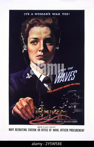 C'est la guerre des femmes aussi ! Joignez-vous aux VAGUES - votre pays a besoin de vous maintenant - postulez à votre station de recrutement de la Marine la plus proche ou bureau d'approvisionnement d'officiers de marine / John Falter, USNR. 1942 femme en uniforme exploitant la radio. Banque D'Images