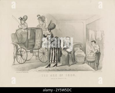 L'âge du fer. L'homme tel qu'il s'attend à être. 1869 impression montre un mari assis à côté d'un enfant dans un berceau, coudre, comme un serviteur masculin fait la lessive. Une femme bien habillée se prépare à monter dans une voiture conduite par une autre femme. Banque D'Images