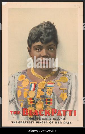 Le Black Patti, Mme M. Sissieretta Jones la plus grande chanteuse de sa race. 1899 Matilda Sissieretta Joyner Jones (1868-1933) est une soprano américaine. Elle a parfois été appelée « The Black Patti » en référence à la chanteuse d'opéra italienne Adelina Patti. Le répertoire de Jones comprend le grand opéra, l'opéra léger et la musique populaire. Elle chante pour quatre présidents consécutifs et la famille royale britannique, et rencontre un succès international. Outre les États-Unis et les Antilles, Jones tourne en Amérique du Sud, en Australie, en Inde, en Afrique australe et en Europe. L'artiste afro-américain le mieux payé o Banque D'Images