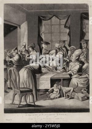 Gravure d'une société de dames patriotiques, à Edenton en Caroline du Nord. Mars 1775 (par P. Dawe, artiste) Print montre la satire de femmes américaines d'Edenton, Caroline du Nord, s'engageant à boycotter le thé anglais en réponse à la résolution du Congrès continental en 1774 de boycotter les produits anglais. Banque D'Images