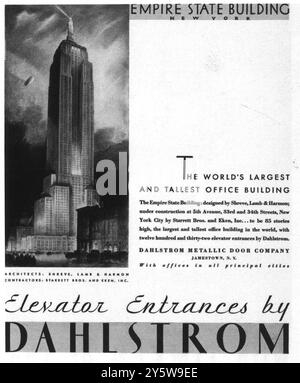 Annonce 1930 Empire State Building New York - entrées d'ascenseur près de Dahlstrom - « le plus grand et le plus haut immeuble de bureaux du monde » Banque D'Images