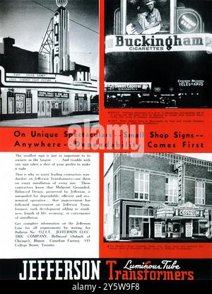 Années 1930 Jefferson tubes lumineux transformateurs ad - The Midwest Neon Company Sioux City Iowa - Orpheum Theatre - Buckingham cigarettes signe Banque D'Images