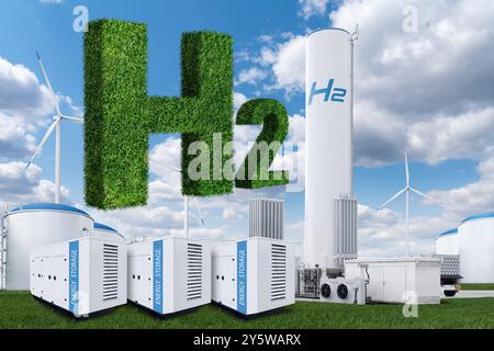 Usine d'hydrogène avec concept de stockage d'énergie. Production d'hydrogène vert à partir de sources d'énergie renouvelables.. Banque D'Images
