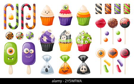 Bonbons et cupcakes traditionnels d'halloween. Bonbons et collations effrayants, muffins décorés effrayants, fantômes, crânes et yeux, marmelade et guimauve Illustration de Vecteur