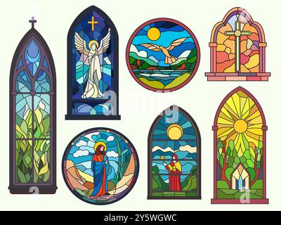 Vitraux. Cadres en mosaïque d'église, fenêtres pointues colorées, rondes et voûtées, éléments d'architecture vintage, motifs en mosaïque biblique, catholique Illustration de Vecteur