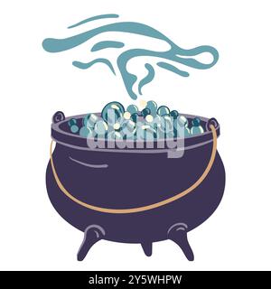 Chaudron noir sorcière, pot magique avec potion. Chaudron en acier vectoriel avec infusion magique bouillante ou boue fumante. Magicien, sorcière maléfique ou magicien aussi Illustration de Vecteur